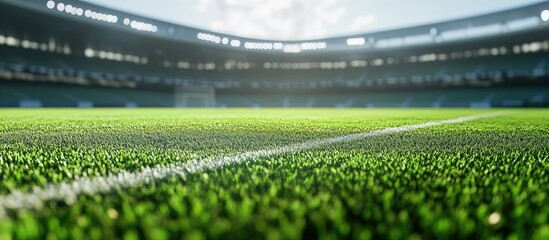 Lush green soccer field viewed from ground level with a vibrant grass texture and stadium backdrop emphasizing the pristine quality and iconic design