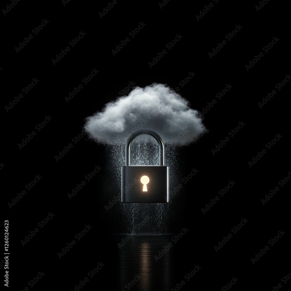 Poster a compressed visualization of a glowing padlock against a dark background minimalist design digital 