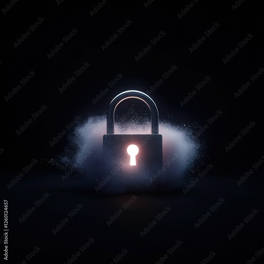 Poster minimalist visualization of a glowing padlock in a compressed scale dark environment digital concept