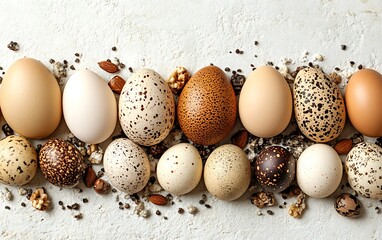 Obraz premium Colorful eggs, nuts, seeds, flatlay, food photography, recipe