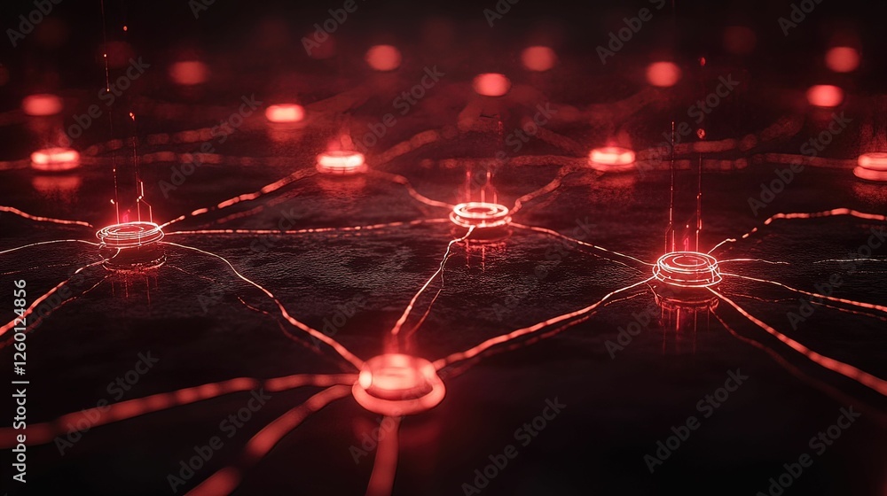 Poster iot network grid with red warning icons digital landscape technology concept close-up view cybersecu