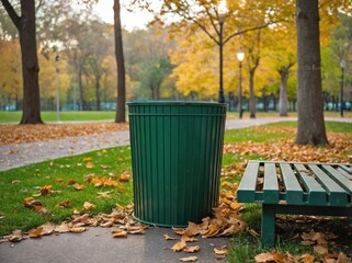 A public park-style trash bin made of green metal, placed near a walking path in a lush park.
