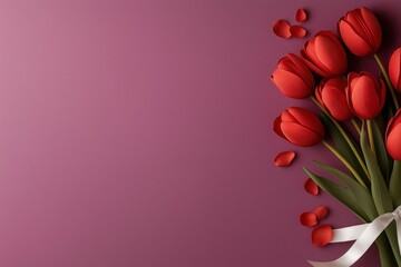 Vibrant crimson tulips adorned with a pearl-white ribbon on a soft dusty lavender background showcasing beauty and elegance