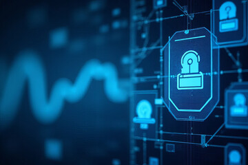 Digital security concept with lock icon and data visualization elements