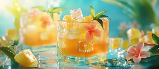 Colorful iced tea in a clear glass with yellow and orange hues, jelly cubes, tropical flowers, and a vibrant blue background for a refreshing vibe