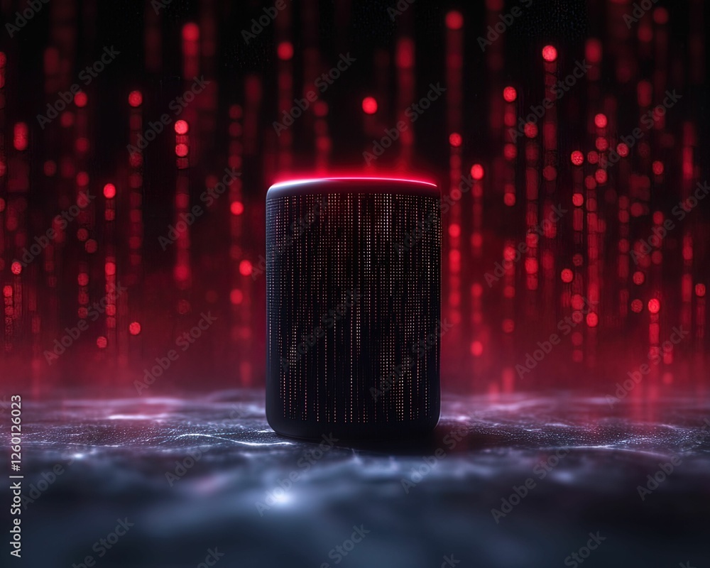 Poster smart assistant device surrounded by glitchy code digital environment conceptual futuristic viewpoin