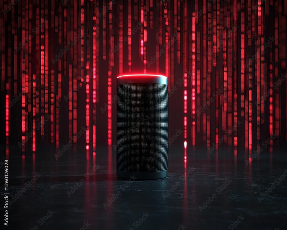 Poster smart assistant device surrounded by glitchy code digital environment modern technology concept futu