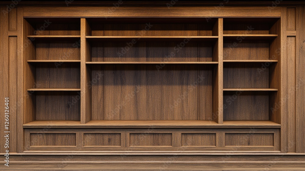 Poster a minimalist wooden showcase with open shelves and surrounding space for custom text or logos.