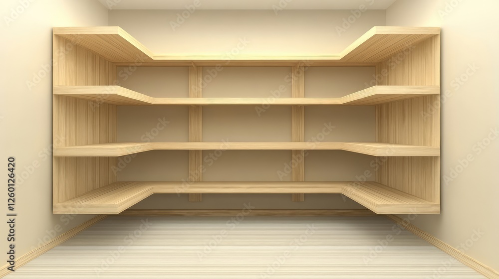 Poster a minimalist wooden showcase with open shelves and surrounding space for custom text or logos.