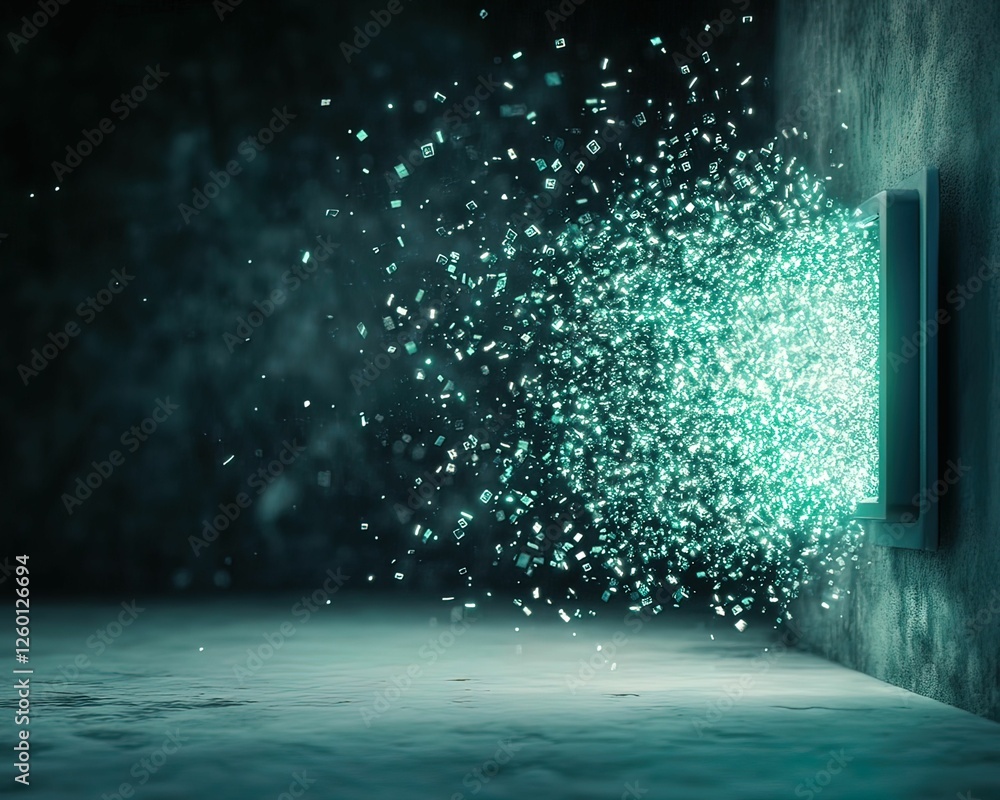 Poster shattering illusions a safe explodes with glowing data dark room digital contrast abstract concept