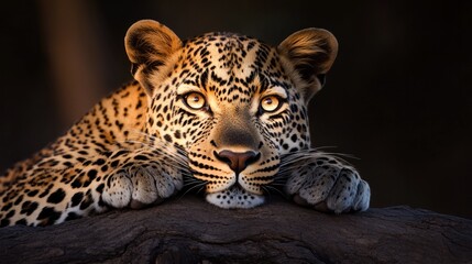 Fototapeta premium Majestic leopard rests on rock, showcasing striking spots and in