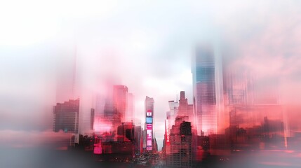 Obraz premium Surreal cityscape glitch urban environment digital holograms compressed scale futuristic viewpoint