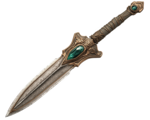 mystical dagger with ornate design and green gemstone in hilt, showcasing intricate details and blend of ancient craftsmanship and fantasy elements