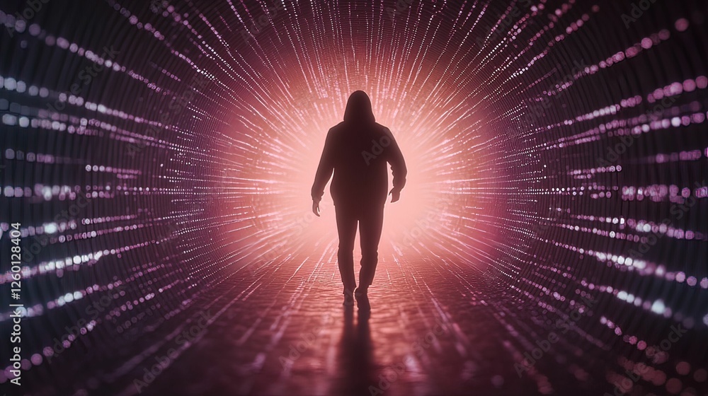 Poster cyberpunk hacker on the run neon cityscape digital futuristic environment dramatic viewpoint glowing