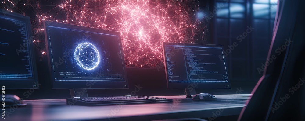 Poster cyberpunk aesthetic hacker workspace futuristic city digital tech environment close-up view virtual 