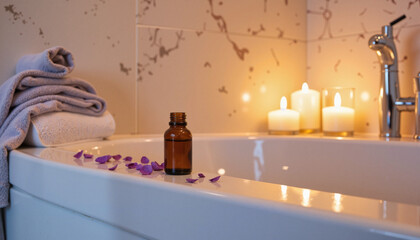 Essential oil bath with warm candlelight and lavender petals, tranquility
