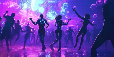 Silhouetted crowd of people dance at a lively cyber rave