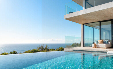 Luxury swimming pool with ocean view, serene seaside escape