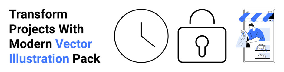 Clock and padlock symbols alongside a storefront customization concept. Ideal for time management, security, e-commerce, retail branding, project strategy, modern business, flat landing page banner
