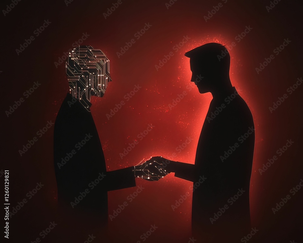Poster human-ai interaction digital handshakes in a shadowy realm virtual space conceptual abstract viewpoi