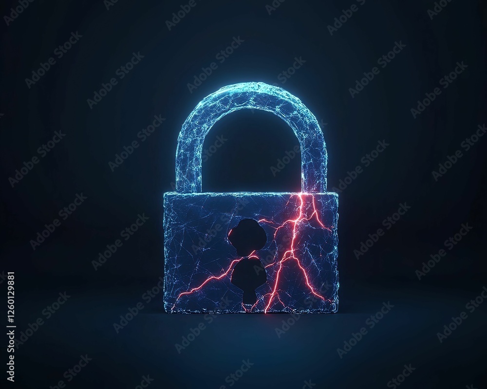 Poster digital lock glowing blue with fragmented red lines in cyber space futuristic design tech visualizat