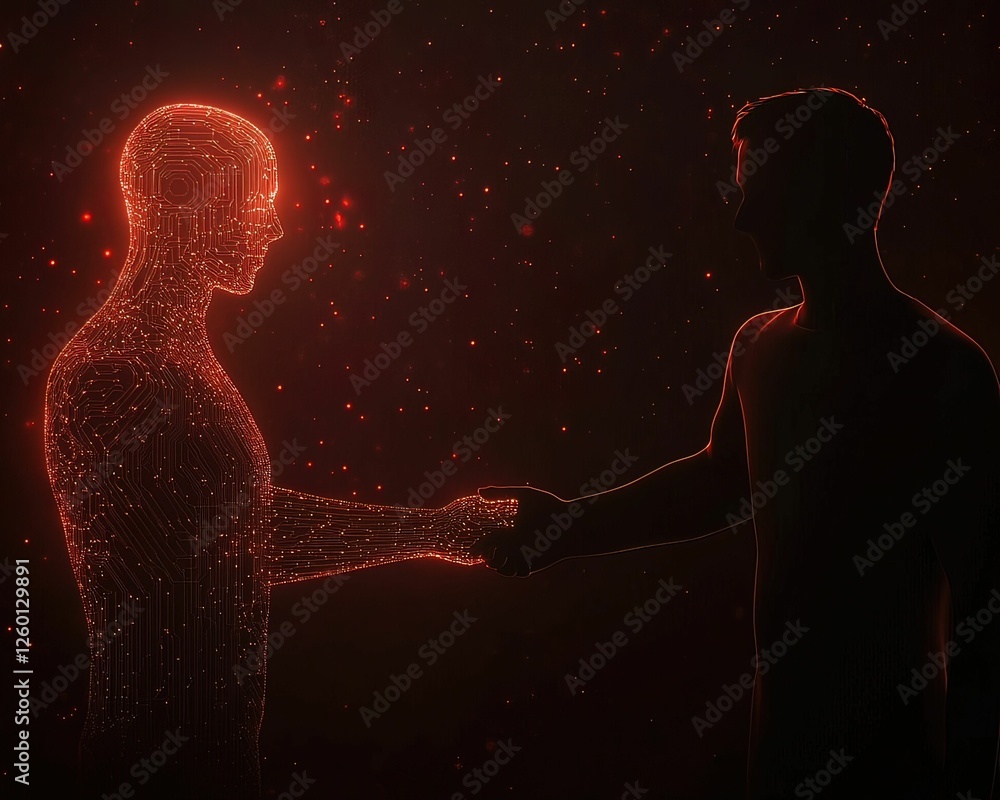 Poster digital handshake between human and ai figure virtual space graphic representation futuristic enviro