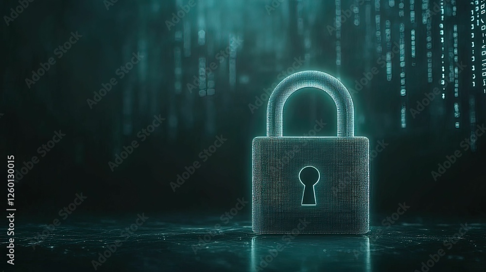 Poster digital padlock illuminated by encrypted backdrop cybersecurity technology virtual environment close