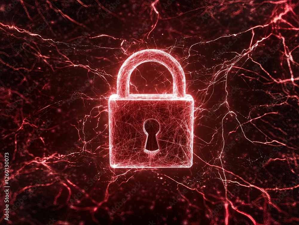 Poster digital lock security concept amidst chaotic red web technological abstract environment glowing view