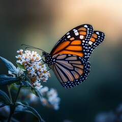 Obraz premium Monarch butterfly feeding on flower, sunset garden, nature poster