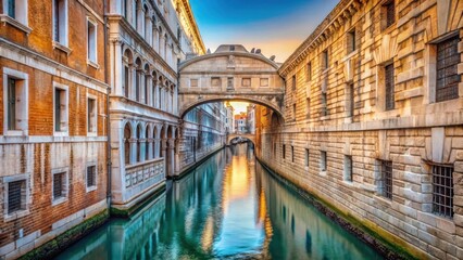 Obraz premium Serene waters of Venice Canal with ornate stone Bridge of Sighs reflected perfectly, creating a stunning visual illusion, architectural wonder, gondola free zone
