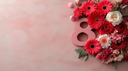 Celebrate with elegance featuring a vibrant eight adorned with red gerberas and soft floral accents on a muted mauve background