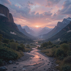 tranquil landscape showcases river gently winding through valley, surrounded by mountains, evoking serenity