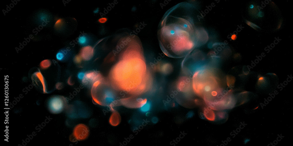Poster dense bokeh clusters with radiant glow against a black background in vibrant colors