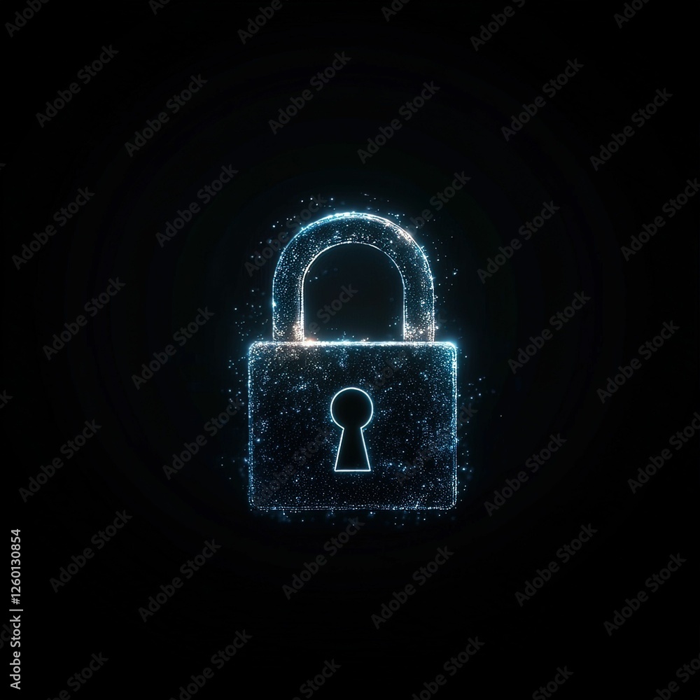 Poster encrypted data security padlock with glitching holographic numbers digital realm visual artwork cybe
