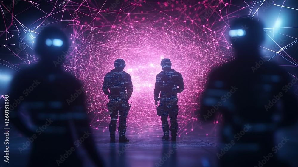 Aufkleber cybersecurity team battles hackers in futuristic digital arena sci-fi environment action scene high-