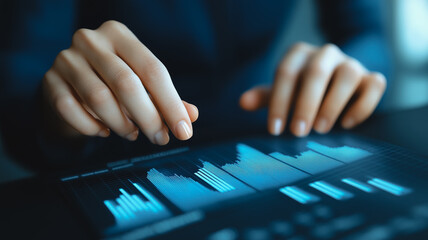 Analyzing Data: Close-up of hands interacting with a digital screen displaying dynamic graphs and charts, symbolizing data analysis, market trends, and technological advancement.