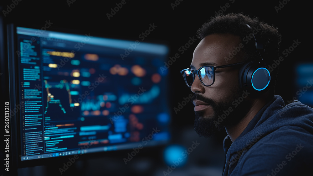Poster focused programmer: a concentrated programmer with headphones, glasses, and a serious expression wor