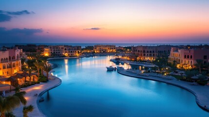 Obraz premium Sunset over a Luxurious Resort Lagoon