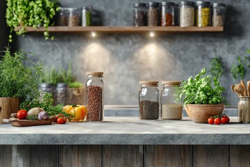 Herbs spices and vegetables adorn a rustic kitchen countertop