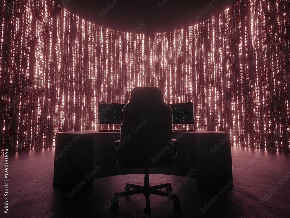 Poster futuristic hackers control center glowing with breach virtual space digital sci-fi environment aesth