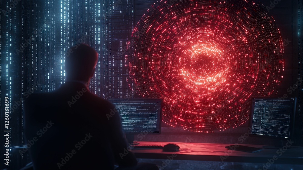 Poster futuristic hacker lair with glowing monitors cyber world digital high-tech environment rear view tec