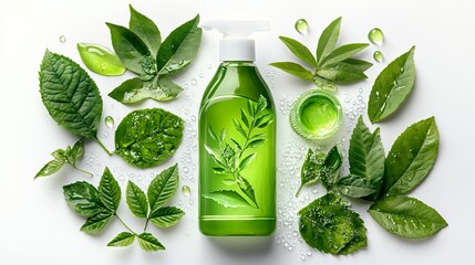 Obraz premium Green Leaf and Bottle of Liquid Soap, Natural Products, Cosmetic