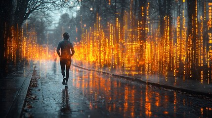 Fototapeta premium Woman jogging in a city street, digital cityscape, rainy day, stock photo