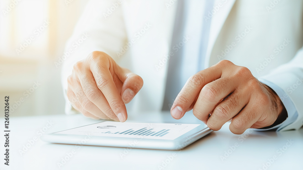 Poster data analysis on tablet: close-up of hands using a tablet to analyze data, charts, and graphs, showc