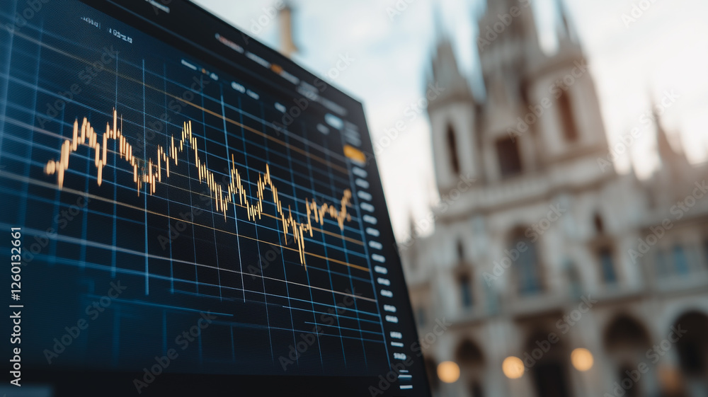 Poster market trends in the city: a close-up view of a computer screen displaying a dynamic stock market gr