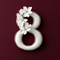 Gold foil number 8 embellished with white magnolias on a rich burgundy background for elegant celebrations