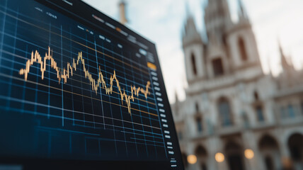 Market Trends in the City: A close-up view of a computer screen displaying a dynamic stock market graph, set against the backdrop of a majestic cityscape.