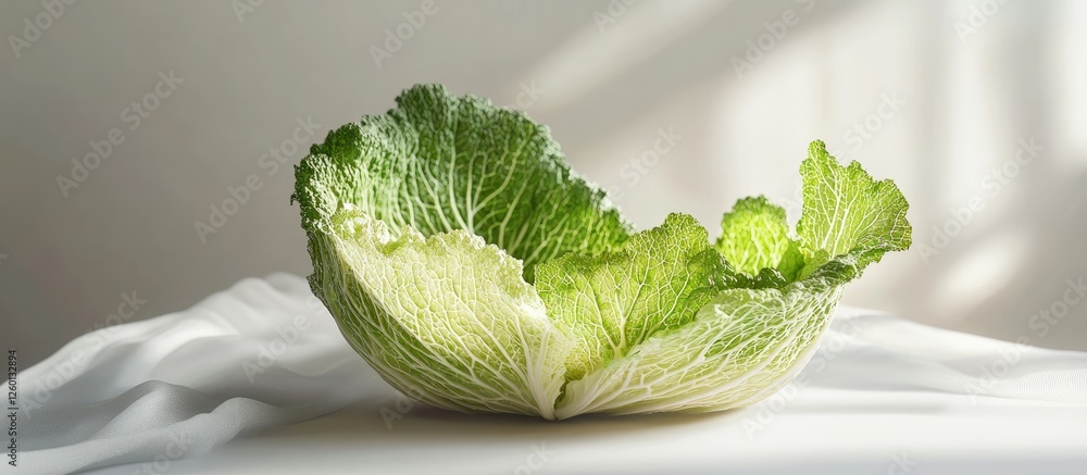 Poster vibrant savoy cabbage leaves on a light backdrop showcasing crisp texture and fresh greens positione