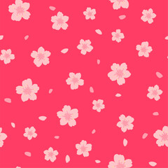 Fototapeta premium Cherry blossom seamless pattern. Vector cute spring floral print with pink sakura flowers and falling petals on red background. Natural flat texture for wrapping, fabric, decor, textile, fashion