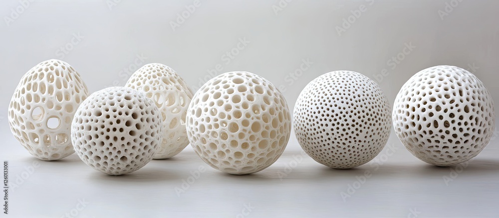 Poster delicate white spherical objects with intricate cut-out patterns arranged in a line against a light 